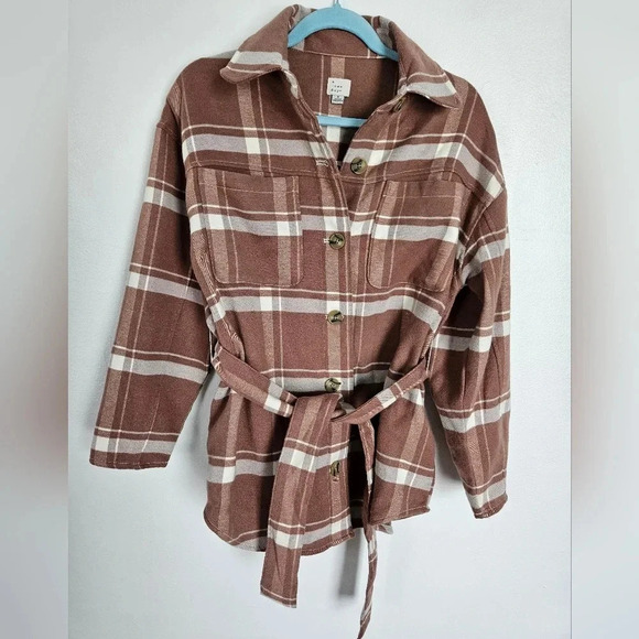 Plaid belted shacket in cream and light brown size small nwot a new day - Picture 1 of 8